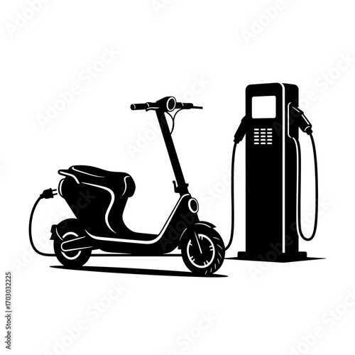 Modern electric scooter charging at a futuristic station symbolizing clean urban transportation and sustainability