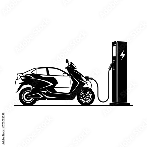 Modern electric scooter charging at futuristic station, embracing sustainable urban transport solutions