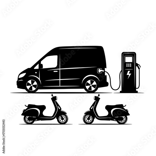 Electric van charging with scooters nearby, symbolizing modern, sustainable urban transport solutions