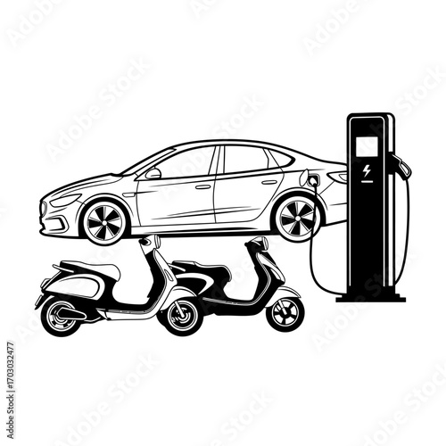 Electric car and scooters charging up at modern station, symbolizing sustainable transport future