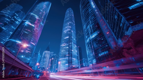 Wallpaper Mural Futuristic cityscape at night with neon lights and skyscrapers Torontodigital.ca