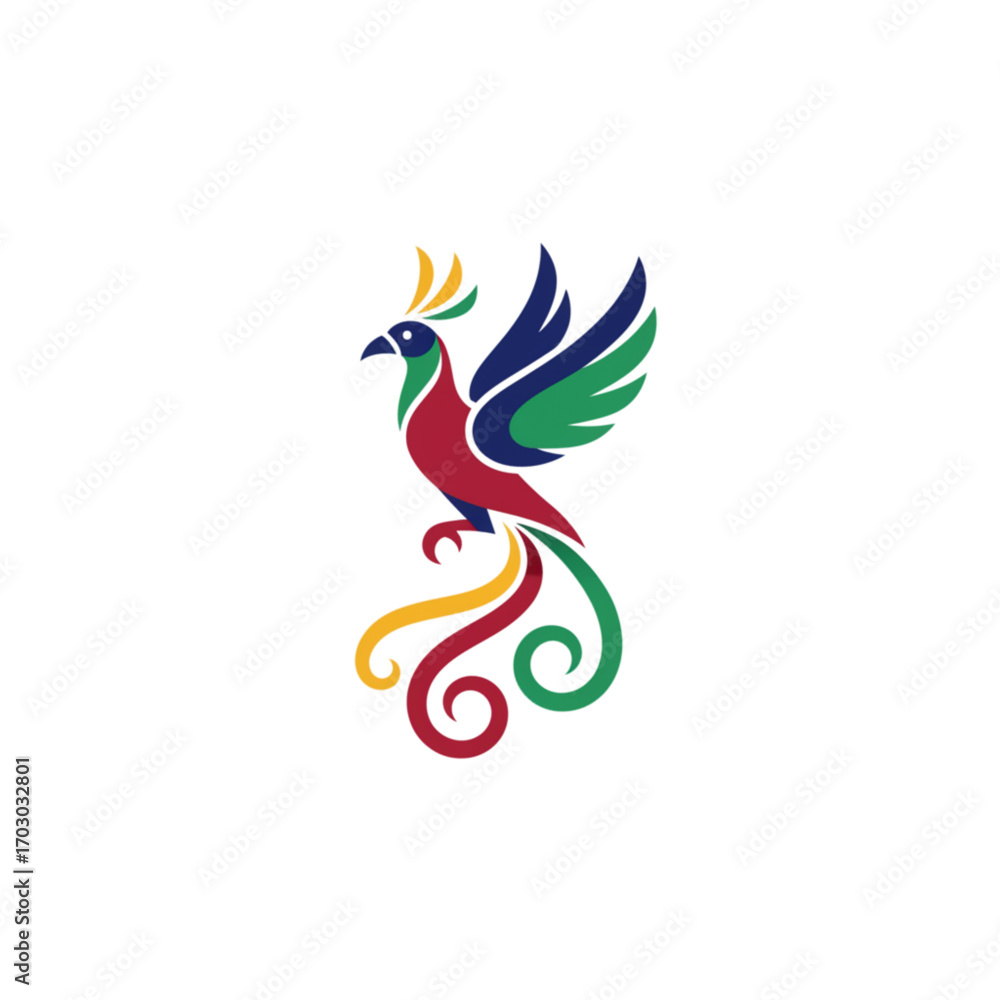 Obraz premium Stylized magical firebird symbol with colorful plumage and ornate tail. Fantasy creature vector illustration for a creative logo concept