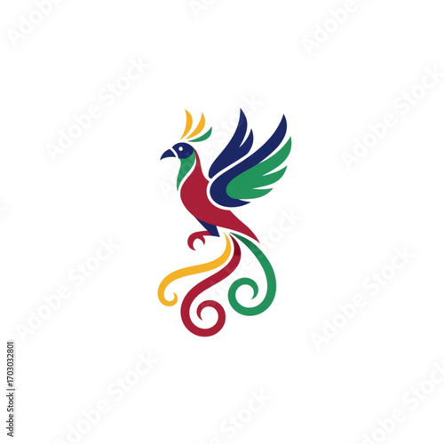 Stylized magical firebird symbol with colorful plumage and ornate tail. Fantasy creature vector illustration for a creative logo concept