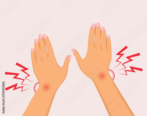 Cartoon illustration of a pair of female hands in pain, symbolizing medical issues, arthritis, swelling or hand injuries