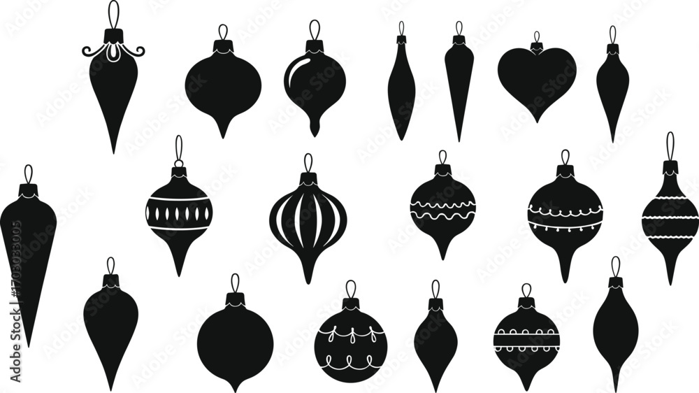 Tableau sur toile Vector collection of black Christmas ornaments in assorted shapes and styles, perfect for festive design, holiday decoration, and seasonal themes