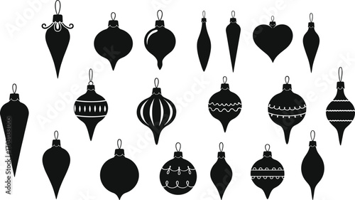 Vector collection of black Christmas ornaments in assorted shapes and styles, perfect for festive design, holiday decoration, and seasonal themes.