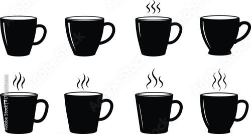 Vector illustration of black coffee cups with steam icons, perfect for hot beverage designs, coffee shop branding, and café concepts.Vector illustration of 