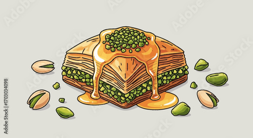 Detailed hand-drawn vector illustration of a sweet baklava pastry with chopped pistachio nuts and dripping honey syrup