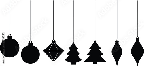Vector illustration of black hanging Christmas ornaments in various shapes including balls, trees, diamonds, and teardrops for holiday decoration.