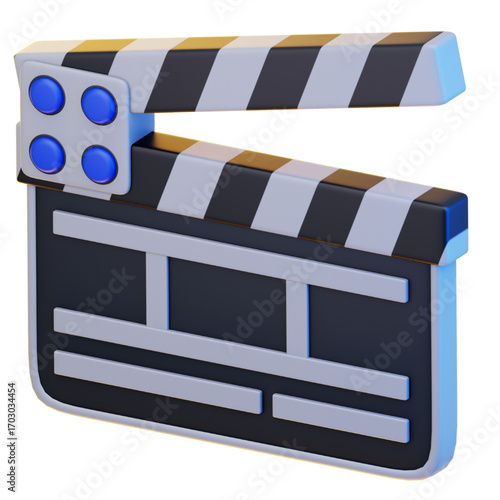 A sleek 3D rendered clapperboard, an essential icon for film production, symbolizing the start of creative video projects and cinematic storytelling