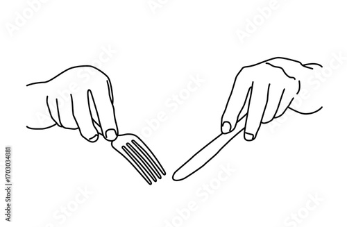 ナイフとフォークを持つ両手のシンプルな線画ベクターイラスト