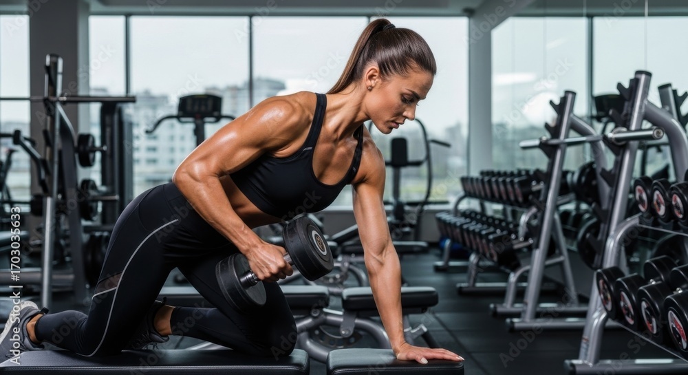 Fototapeta premium Determined woman lifting dumbbell during workout in fitness center view