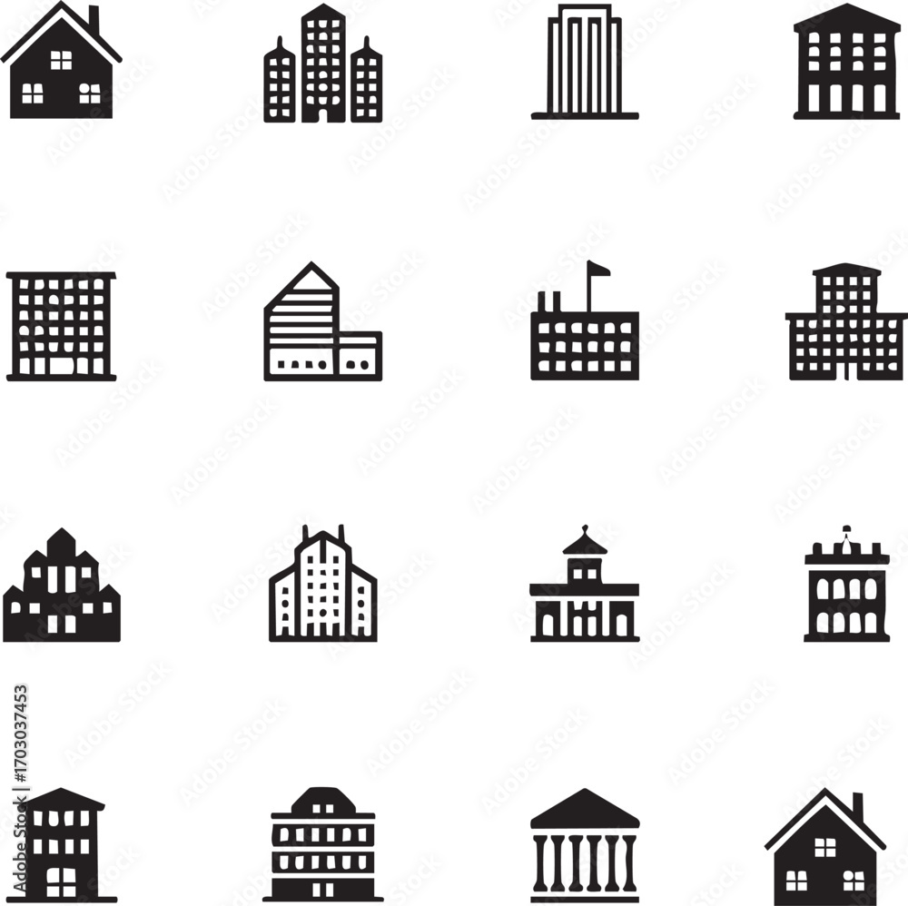 Fototapeta premium Diverse building and architecture icons including houses and skyscrapers Keywords: building, house, skyscraper, architecture, office, apartment