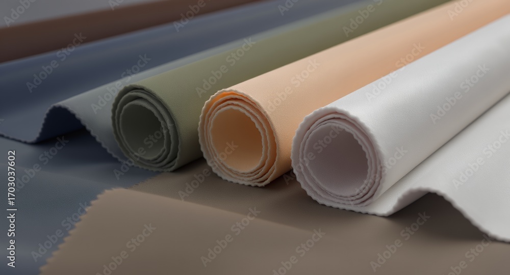 Fototapeta premium Rolled Fabric Swatches, Textile Samples, Various Colors, Close Up, Texture, Design, Material, Neutral Tones, Fashion, Interior Design