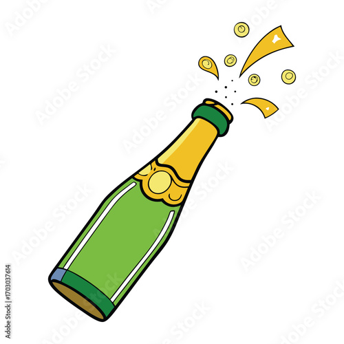 A sparkling champagne bottle bursts open, sending fizzy bubbles and golden spray into the air, capturing the excitement and celebration of a joyful moment.
