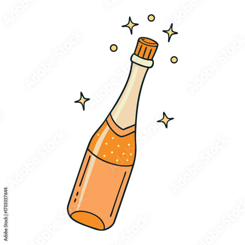A sparkling champagne bottle bursts open, sending fizzy bubbles and golden spray into the air, capturing the excitement and celebration of a joyful moment.

