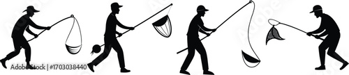 Fisherman silhouette set pulling fishing net with catch in water vector