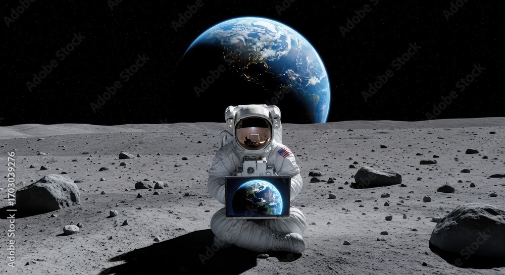 Obraz premium Lunar Astronaut Contemplating Earth on Tablet with Lunar Surface View