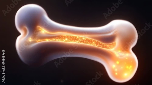 Human bone structure with glowing bone marrow inside.