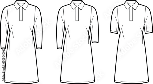 Long sleeve, three quarter sleeve, and short sleeve polo dress flat sketch, fashion cad drawing, vector apparel template, garment design outline