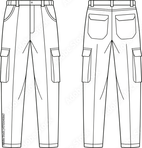 Men’s cargo pants technical fashion flat sketch, front and back view, cad vector illustration, garment template, apparel design, clothing mockup, outline