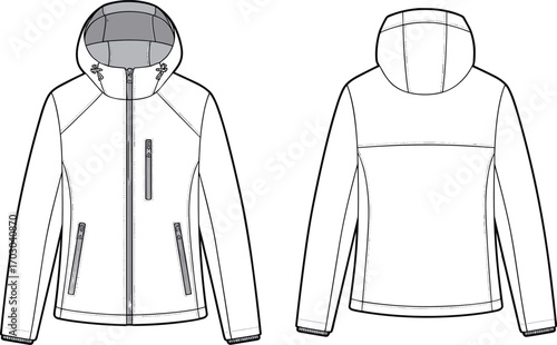 Men’s hooded jacket front and back view, cad drawing, flat vector sketch, fashion design template, outerwear mockup, technical clothing illustration
