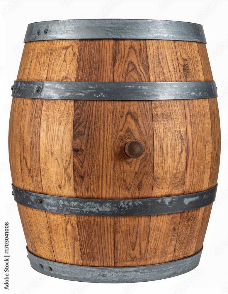 Fototapeta premium Classic Wooden Barrel with Metal Hoops and Rustic Finish on White Background