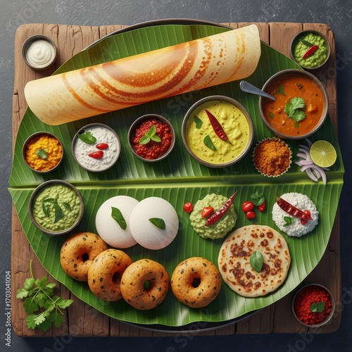 A vibrant south indian thali featuring dosa idli vada and an array of colorful chutneys and sambar