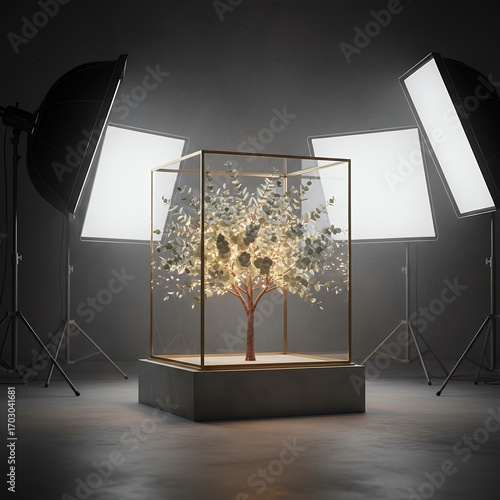 Studio Lighting Setup with Illuminated Tree in Glass Display Case