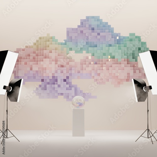 Studio Photo Shoot with Pastel Cube Abstract Art and Glass Sphere on Pedestal