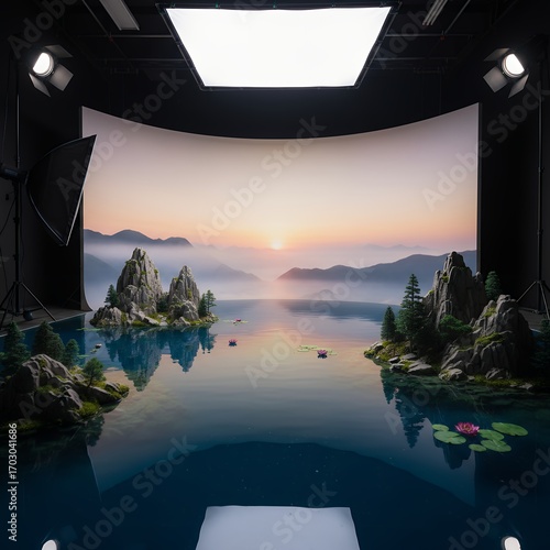 Studio Photography Backdrop Serene Mountain Lake at Sunrise