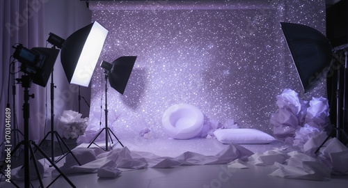 Studio Photography Setup with Lighting Equipment and Abstract Background