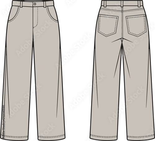 Pants template, front and back view, CAD fashion drawing, flat vector illustration, clothing mockup, garment design, technical sketch, blank trousers