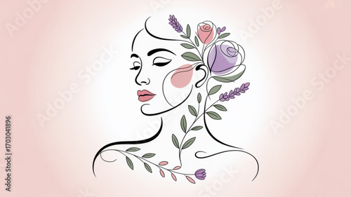 Woman face line art with flowers vector design illustration for beauty salon and fashion related projects