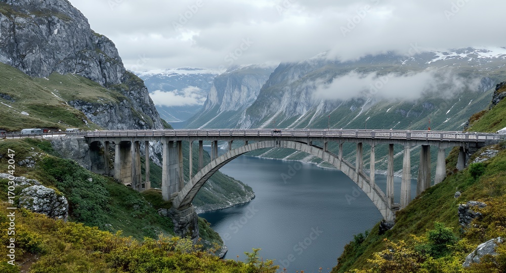 Fototapeta premium Stunning Arch Bridge Over Mountain Lake and Fjord, Dramatic Landscape Photography