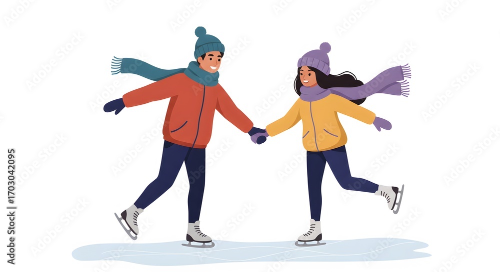 Obraz premium Joyful Couple Ice Skating: Winter Romance, Vibrant Illustration