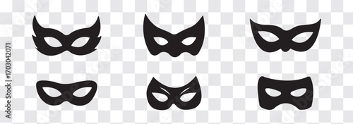 Black mask vector icon collection. Different masks silhouette isolated on white background. Set Superman, Superhero themes, cosplay graphics, comic illustrations, logo, and creative designs. powerful.