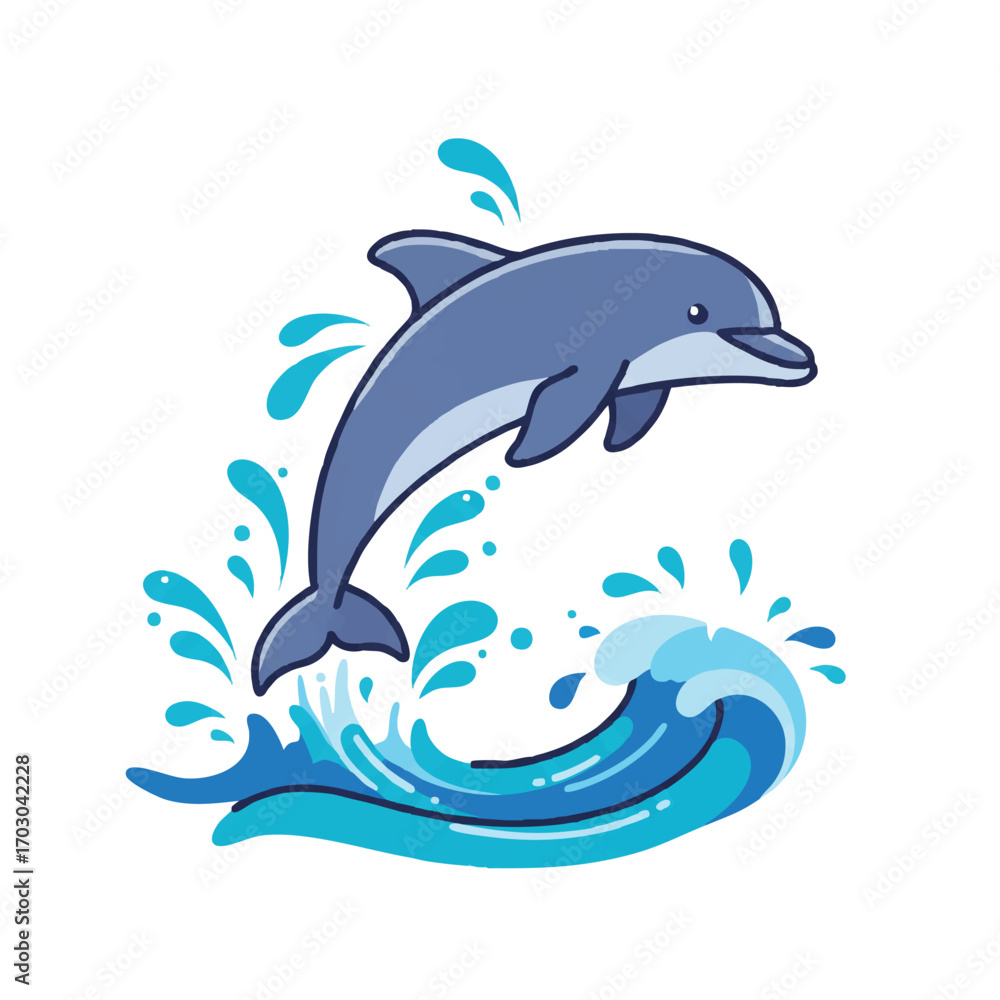 Obraz premium A joyful dolphin leaps high from the sparkling ocean waves, beautifully rendered in a vibrant 2D flat vector illustration with clean outlines and stylized splashes.