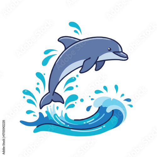 A joyful dolphin leaps high from the sparkling ocean waves, beautifully rendered in a vibrant 2D flat vector illustration with clean outlines and stylized splashes.
