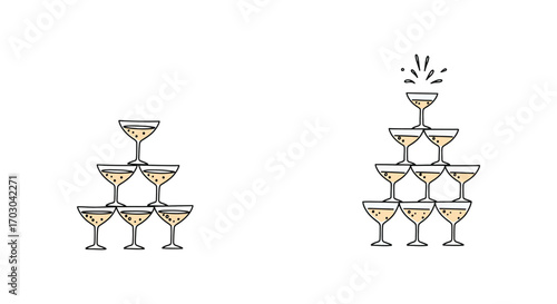 champagne glasses arranged in pyramid shape celebrating festive moment