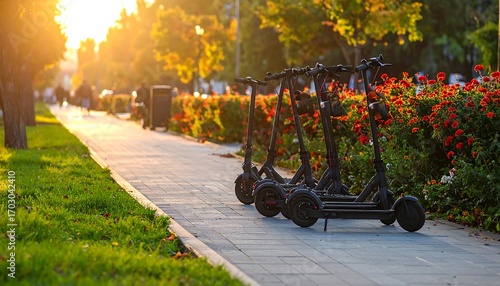 Electric scooters parked on a city sidewalk at sunset