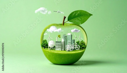 A green apple, cut in half, containing a miniature city scene with green buildings, trees, and sustainable features