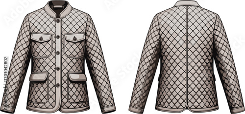Quilted jacket fashion illustration, front and back view, detailed garment design, vector clothing template, outerwear flat drawing, stylish coat sketch