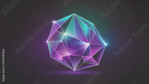 Abstract low poly crystal gem with aurora borealis effect for modern graphic design projects and backgrounds