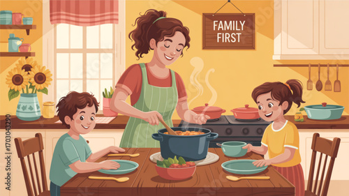Family dinner time illustration of mother cooking meal for children in kitchen vector art design image