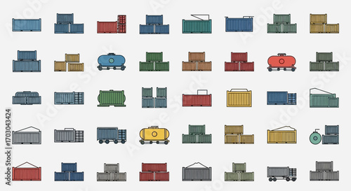 A collection of colorful, stylized icons representing various shipping containers, tanks, and transport modules arranged in a grid pattern.
