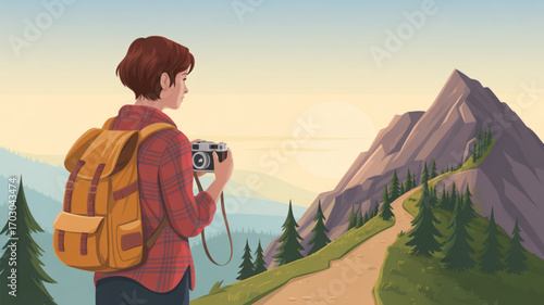 Woman hiking in mountains with camera taking pictures of landscape adventure travel and tourism destination trip 100