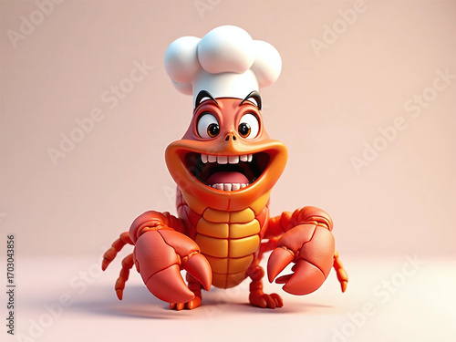 Funny cartoon lobster chef character with big smile and chef hat.