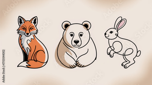 Fox bear and rabbit line art vector illustration wildlife animal drawing minimalist design nature forest fauna