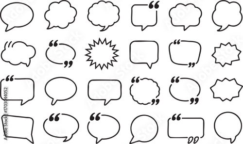 Assortment of black and white speech bubble and quote bubble outlines